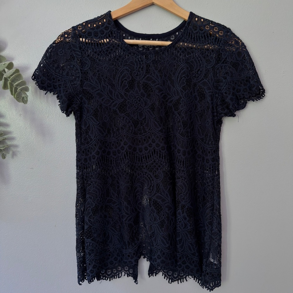 Maurices Navy Blue Blouse Fairy Victorian Hippie Floral Lace Short Sleeve Sheer